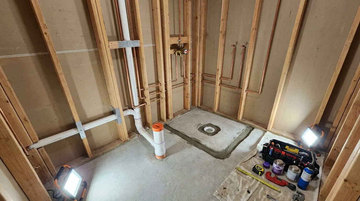 Bathroom rough-in plumbing during remodel by Johns Plumbing LLC in Rowley