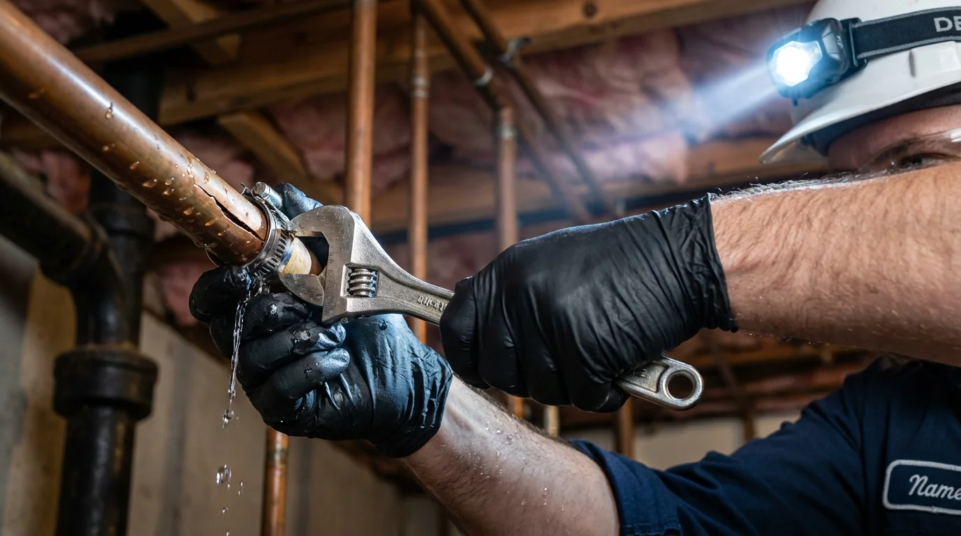 Emergency pipe clamp repair being performed by a Johns Plumbing LLC plumber in Rowley