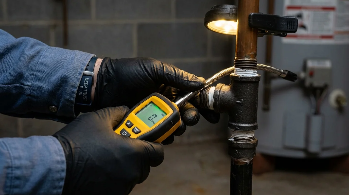 Gas leak detection with electronic sniffer by Johns Plumbing LLC in Rowley