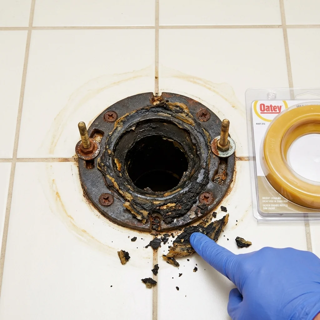 Failed wax ring showing water seepage at the base of a toilet in a Rowley, MA home