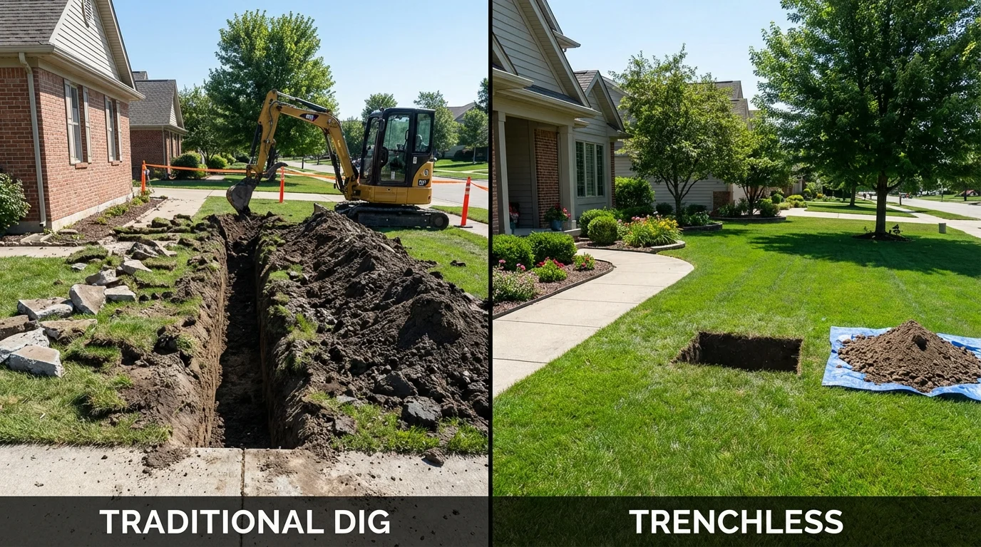 Trenchless sewer repair with minimal yard damage versus traditional excavation in Rowley, MA